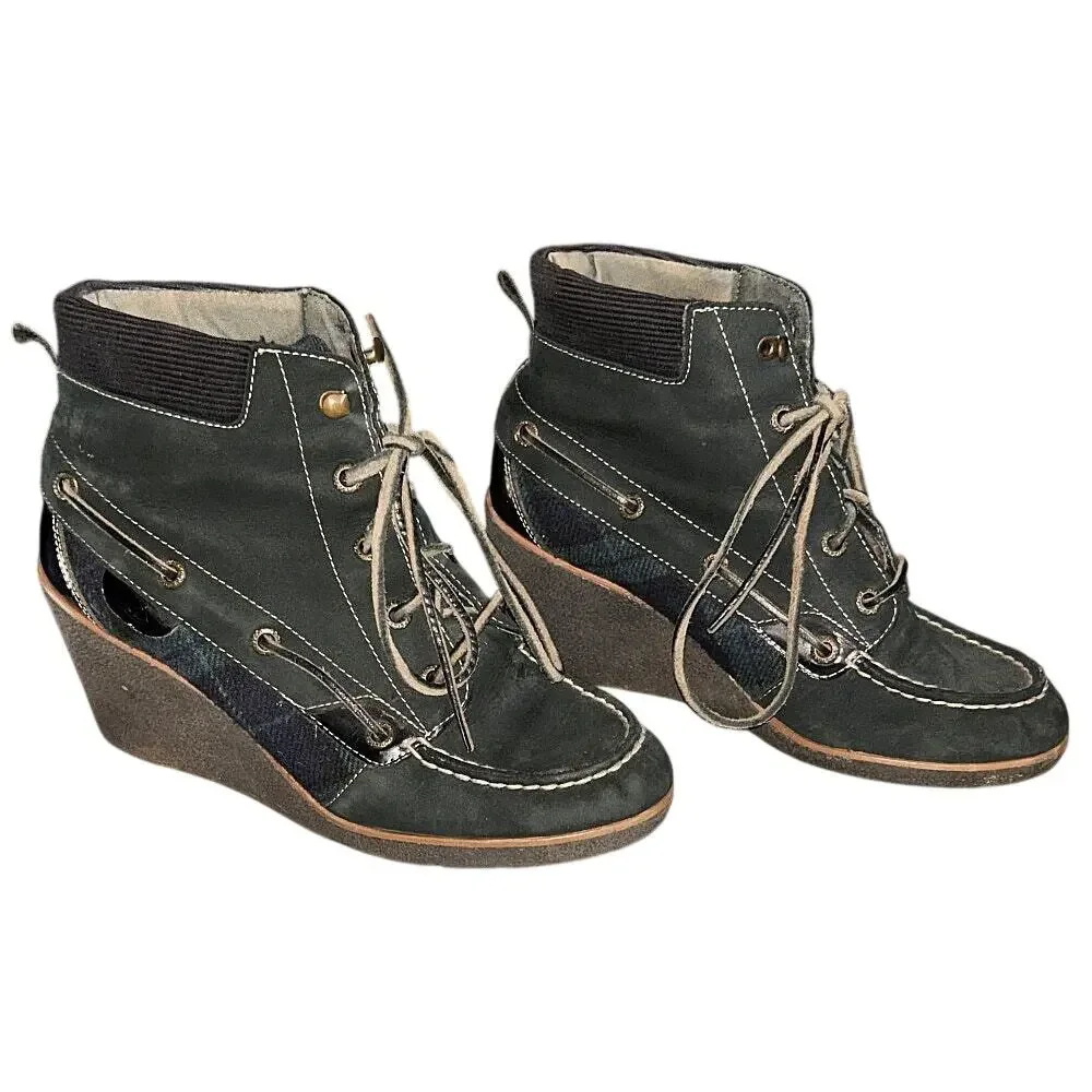 Sperry Top Sider Bailey Green Leather Wool Plaid Wedge Ankle Boots Booties 7.5
